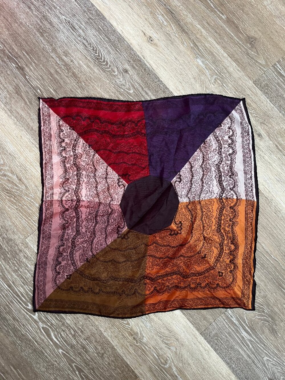 Vintage Color Block Star Cut Jewel Tone Colorful Head Scarf / Handkerchief
